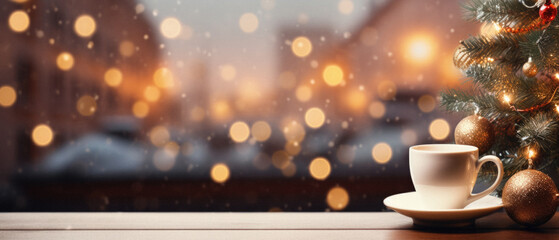 Cup of coffee with christmas tree on background bokeh. - obrazy, fototapety, plakaty