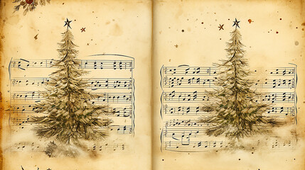 Fir tree and sheet music on old paper - obrazy, fototapety, plakaty
