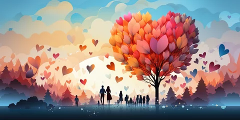 Tuinposter .Charity illustration concept with abstract, diverse persons, hands and hearts. Community compassion, love, and support towards those in need. © Sanych