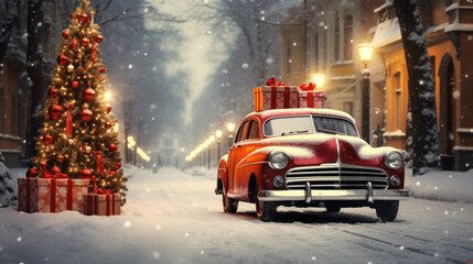 Stylish retro car with Christmas gifts and a Christmas tree on a snowy road. Holiday concept, surprise. Christmas. - Powered by Adobe