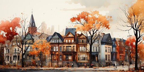 Cityscape with residential buildings in late autumn - obrazy, fototapety, plakaty