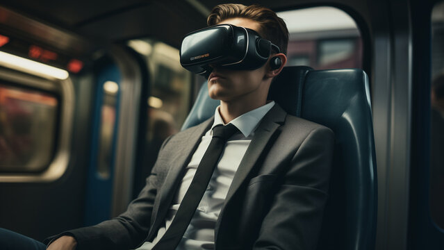 Office Workers Using Public Transportation While Having Fun Wearing VR Devices