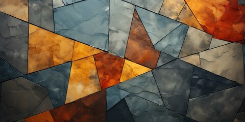 Dark and light shade brown orange gray abstract background. Geometric shape. Mosaic. Diagonal lines, triangles. Toned old cracked concrete surface texture