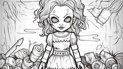 Coloring page creepy doll similar drawings illustration picture Ai generated art