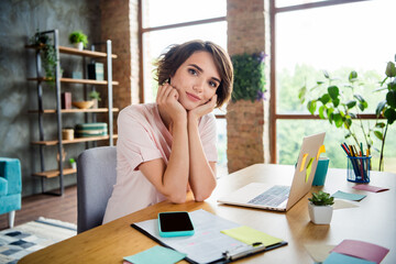 Photo of young junior assistant girl working remote writing all notes notice everything diligent employee isolated office background