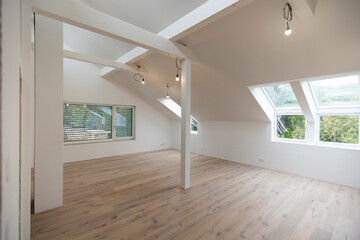 bright, new loft apartment with new parquet floor, without baseboards, skirting boards, modern...