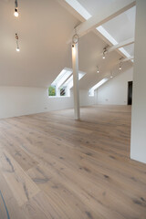 bright, new loft apartment with new parquet floor, without baseboards, skirting boards, modern...