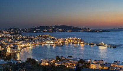 Looking across the harbour in Mykonos Town one of. the Cyclades Islands in Greece