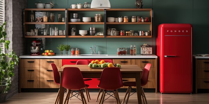 Interior of kitchen with red fridge, counters, shelves, table and chairs