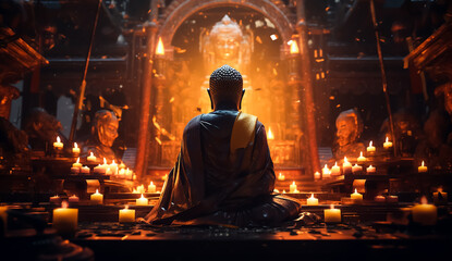 Buddha statue in a meditation position, spiritual power that opens fantasy gate 