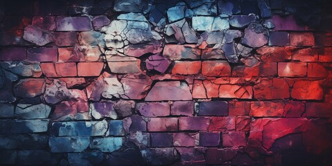 Magenta purple red brown green old brick wall. Toned colorful grunge background. Space. Design....