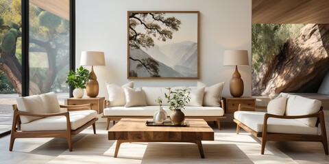 Mid - century interior design of modern living room with white sofa and wooden chairs