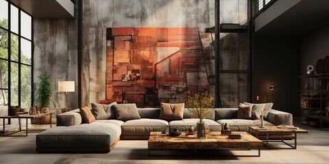 Living room decor, home interior design. Modern Industrial style with Large Wall Art decorated with Concrete and Steel material