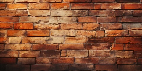 Obraz premium .Orange red brown brick wall of the house. Close - up. Sunlight and shade from tree leaves. Bright vintage background for design. Burnt orange color shade