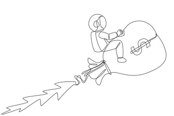 Single continuous line drawing astronaut ride on a money bag that looks like a rocket. Fly in space with the money bag. Wealthy astronaut. Cosmic galaxy deep space. One line design vector illustration