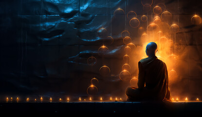 Buddha statue in a meditation position, spiritual power that opens fantasy gate 