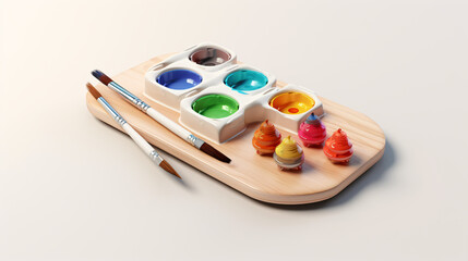 Wooden art palette with paints and brushes 3d rendering