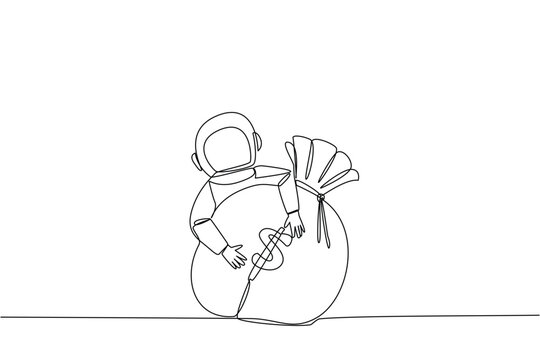 Single continuous line drawing astronaut hugging money bag. The expedition team return to earth. Astronauts received fee that beyond expectations. Rich astronaut. One line design vector illustration