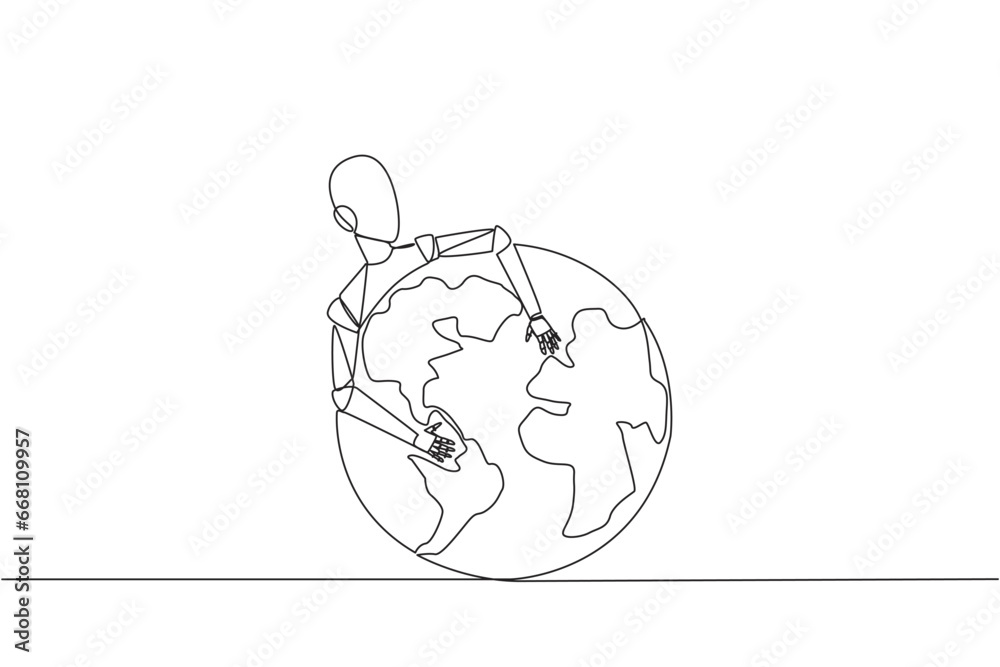 Poster continuous one line drawing robot hugging globe. robots rule the world. everything is technology. ar