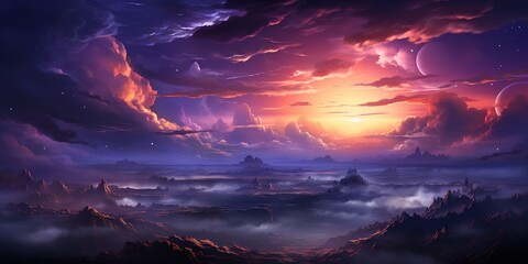 Purple night sky with fluffy clouds and stars. Fantastic sky background for design