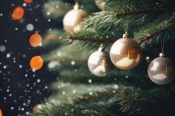 Obraz na płótnie Canvas Christmas tree with decorations and snowflakes on a dark background.