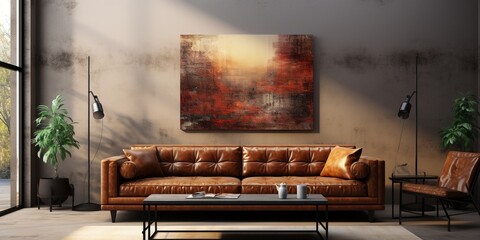Frame gallery mockup in modern living room interior with leather sofa, minimalist industrial style - obrazy, fototapety, plakaty
