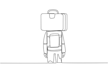 Single continuous line drawing young astronaut with briefcase instead of head, stand facing forward. Always think about expedition to moon surface. Galaxy space. One line design vector illustration