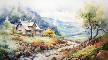Watercolor art landscape, cozy home painting, story book style illustration