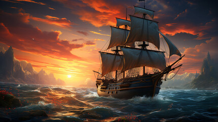 Obraz premium ship in the sunset / sunrise on the sea / ocean