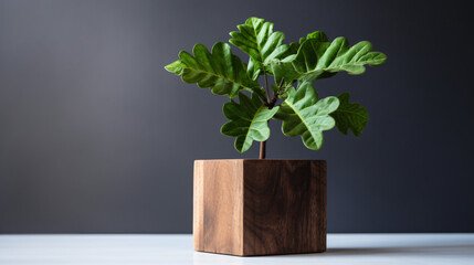 Wooden block and a potted plant placed together