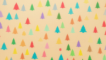 Cream colored background with paper texture, colorful and stylized Christmas trees