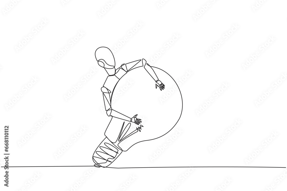 Poster single continuous line drawing robot hugging lightbulb. has the idea to make robot that has human-li