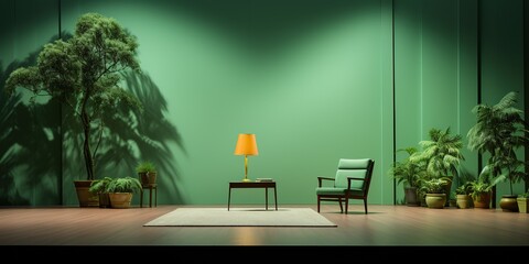 Room with a gradient green background is depicted in an abstract studio setting for product