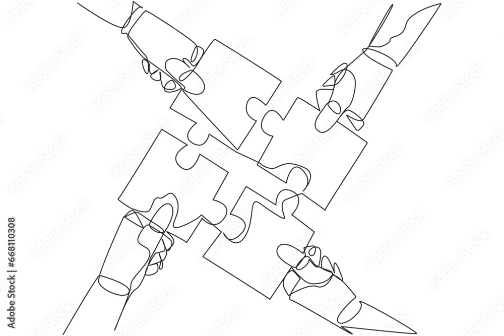 Poster continuous one line drawing four robot hands holding a puzzle piece each other. doing teamwork to as