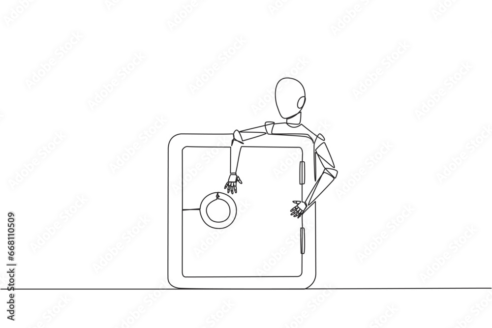 Poster single one line drawing robotic hugging safe deposit box. adding layer to make it more secure. encry