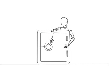 Single one line drawing robotic hugging safe deposit box. Adding layer to make it more secure. Encrypt data. Future technology development concept. AI tech. Continuous line design graphic illustration