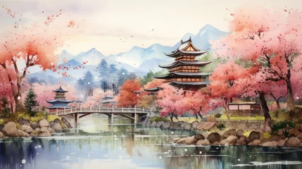 Tuinposter Watercolor japan concept art painting style, asian landscape in water color  © AdamantiumStock