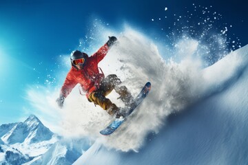 Naklejka na ściany i meble Snowboarder jumping in the air in fresh snow powder