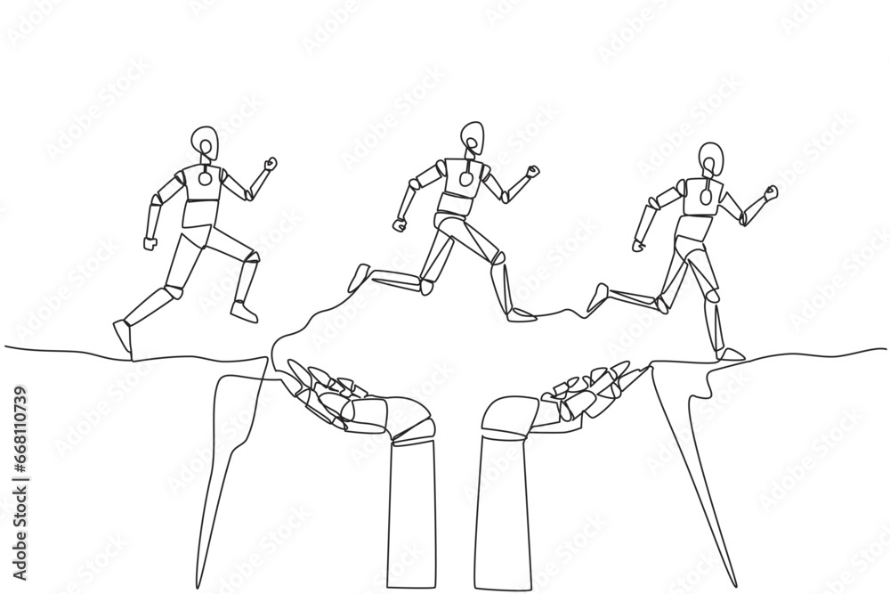 Poster single continuous line drawing three robots running through a cliff that has hole in the middle but 