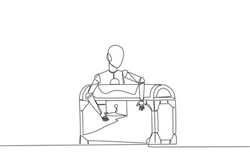 Single continuous line drawing robotic hugging treasure chest. Scans were carried out to determine how antique the objects were inside. Future technology concept. One line design vector illustration