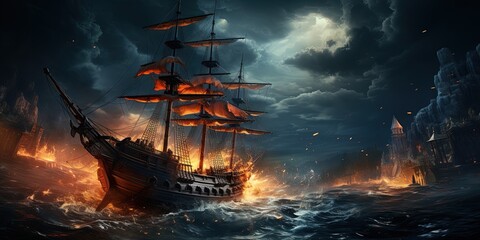 Stormy sea at night. Heavy sea. A strong storm with big waves in the ocean. Night thunderstorm - obrazy, fototapety, plakaty