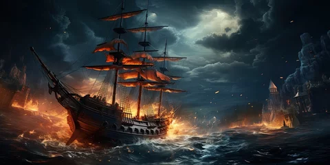 Foto op Canvas Stormy sea at night. Heavy sea. A strong storm with big waves in the ocean. Night thunderstorm © Sanych