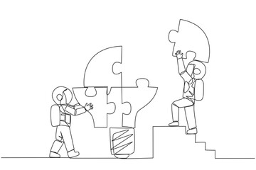 Single one line drawing two astronauts put together four lightbulb-shaped puzzle pieces. Teamwork brings ideas together. Deep space astronaut concept. Continuous line design graphic illustration