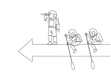 Single continuous line drawing 3 astronauts ride arrows. Teamwork with two of them rowing, the rest standing up using binoculars. Cosmic galaxy outer space concept. One line design vector illustration