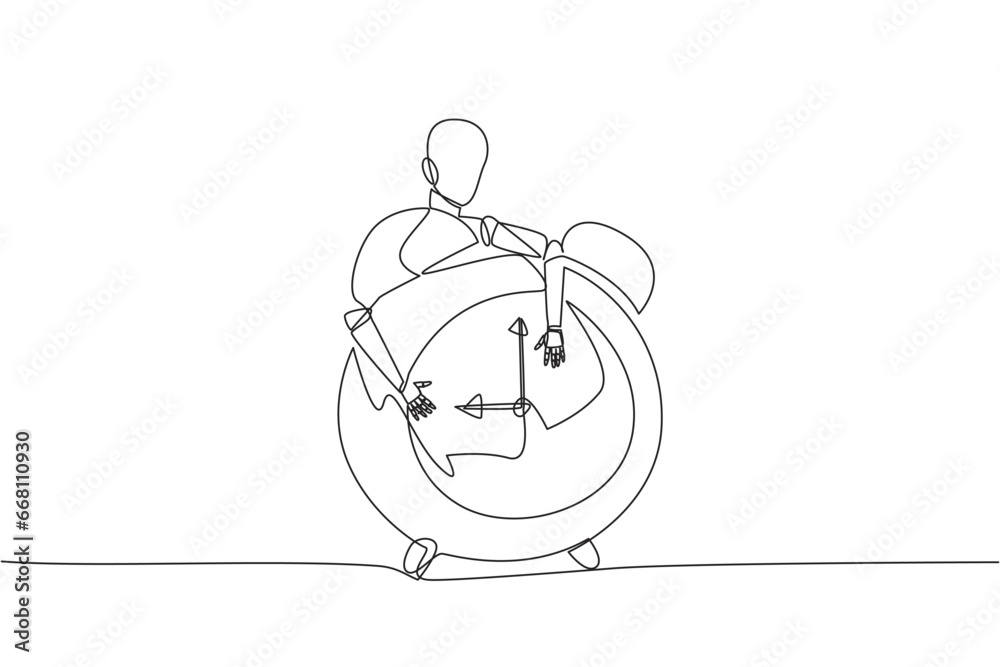 Poster continuous one line drawing robotic hugging alarm clock. configuring alarm clock technology to robot