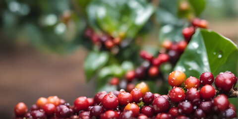 coffee berries with water droplets on organic farm.
