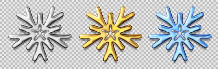 Vector christmas set of beautiful snowflake on transparent background. 3d style design of abstract different snowflake. Decorative winter object