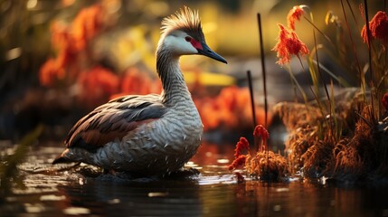 Duck in a pond, colorful bird among water and vegetation, waterfowl close-up - obrazy, fototapety, plakaty