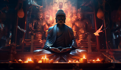 Buddha statue in a meditation position, spiritual power that opens fantasy gate  - obrazy, fototapety, plakaty