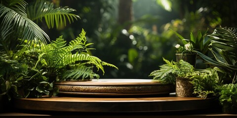 Wooden podium in tropical forest for product presentation and green background